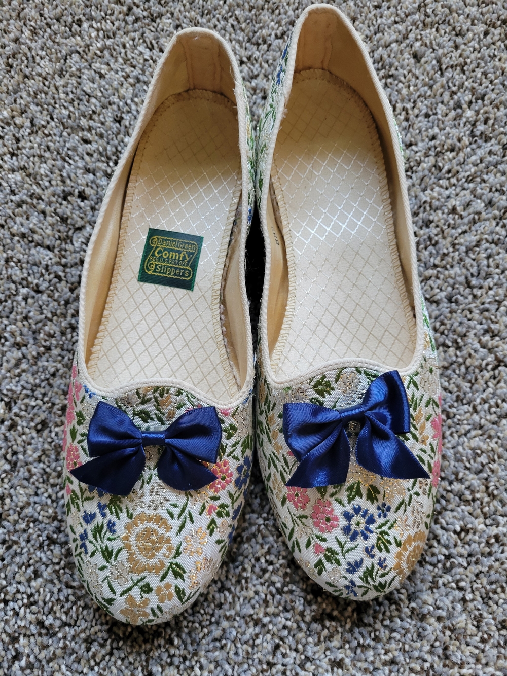 Vintage ReStyled Comfy Slipper Floral Ballet Flats with Navy Bow-never worn